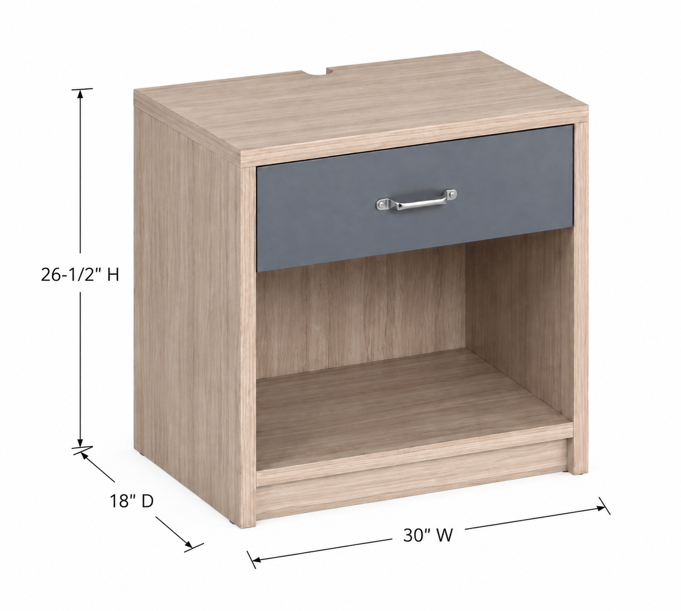 Technical sizing for CG-212 accessible nightstand: 30"W x 18"D x 26-1/2"H, engineered for IHG ADA Queen guestroom standards.