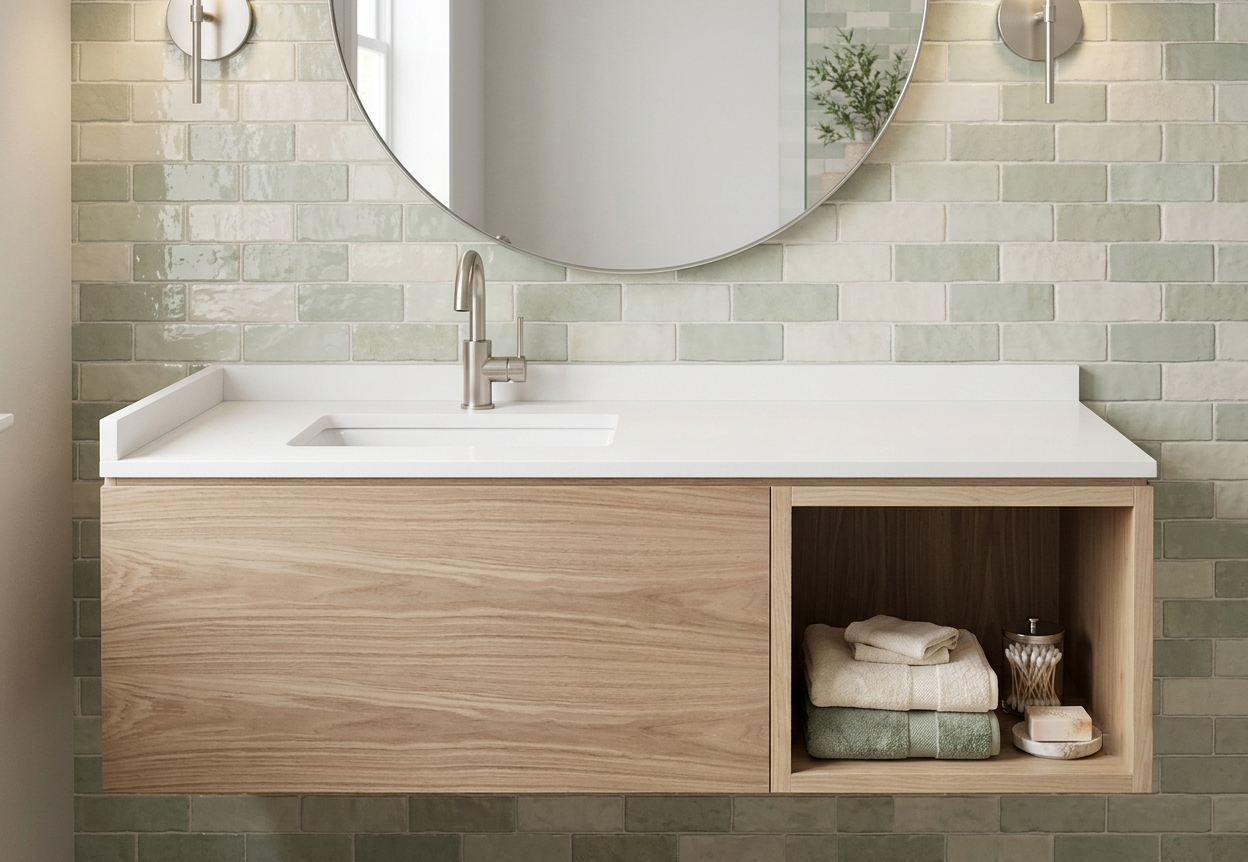 Close-up of a Staybridge Suites floating bathroom cabinet with a natural wood-grain finish and a seamless integrated sink for hotel guestrooms.