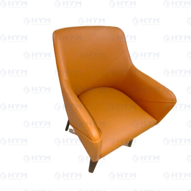 Close-up detail of commercial contract-grade Monarc Orange PVC upholstery and matte clear walnut finish legs on hotel chair EXP2-305.