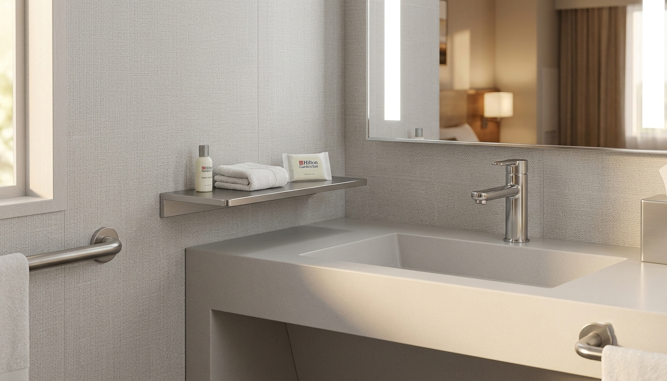 Turnkey hospitality bathroom FF&E for Home2 by Hilton, showcasing a coordinated floating metal shelf and ADA compliant guestroom vanity.