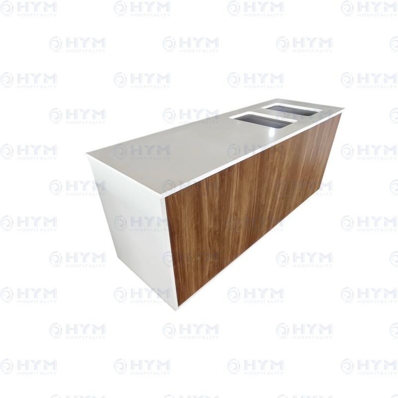 Perspective view of a hotel lobby trash unit featuring a dual-tone wood grain laminate finish and brushed stainless steel base.