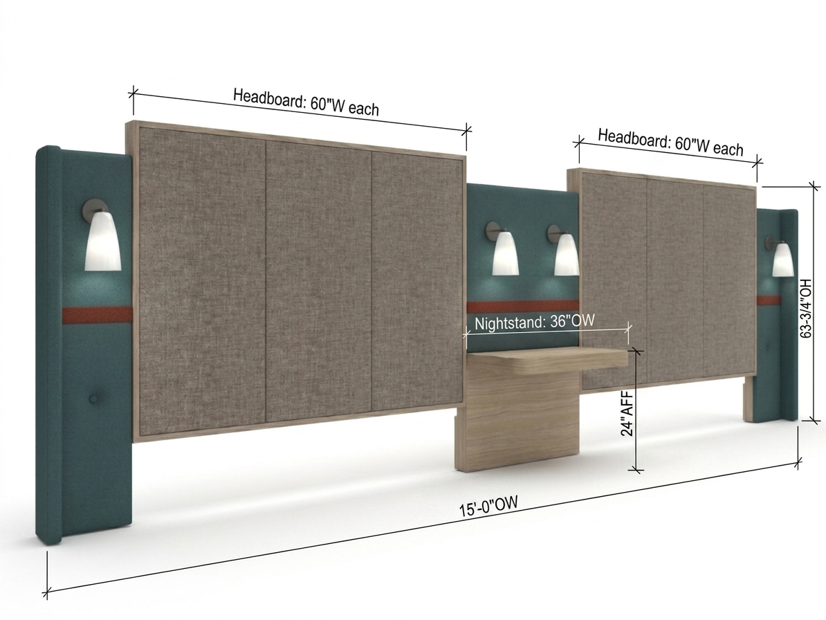 Dimensional technical rendering of Avid Hotels ADA Double Queen Headboard System REG-203, featuring a 15'0" overall width, two 60"W headboard panels, and a 24" AFF integrated nightstand as per IHG standards.