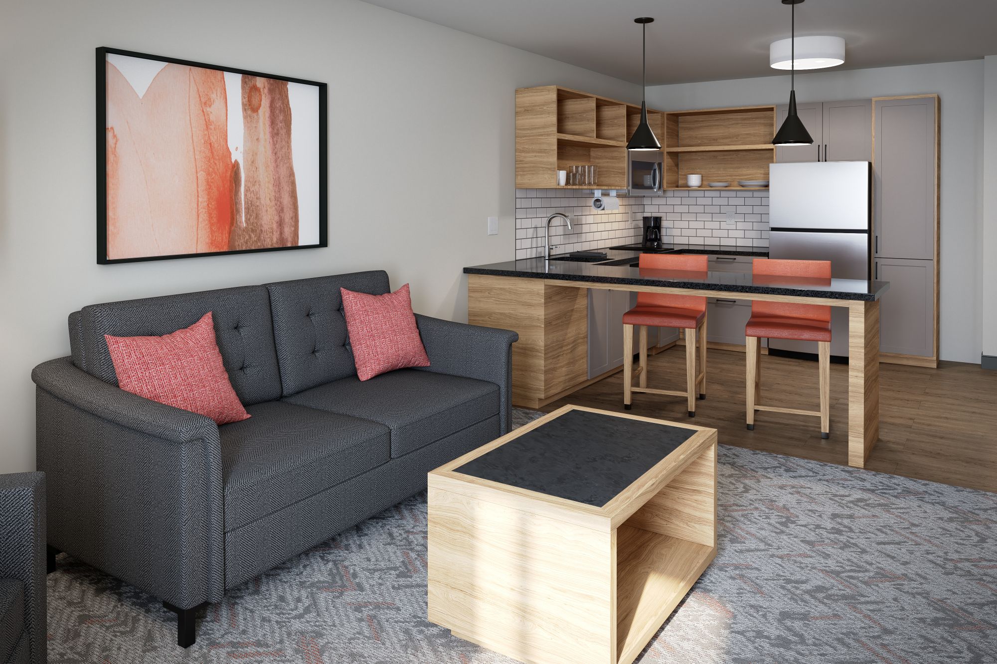 Modern hospitality FF&E furniture package for extended-stay hotel suites featuring integrated kitchen and workspace seating.