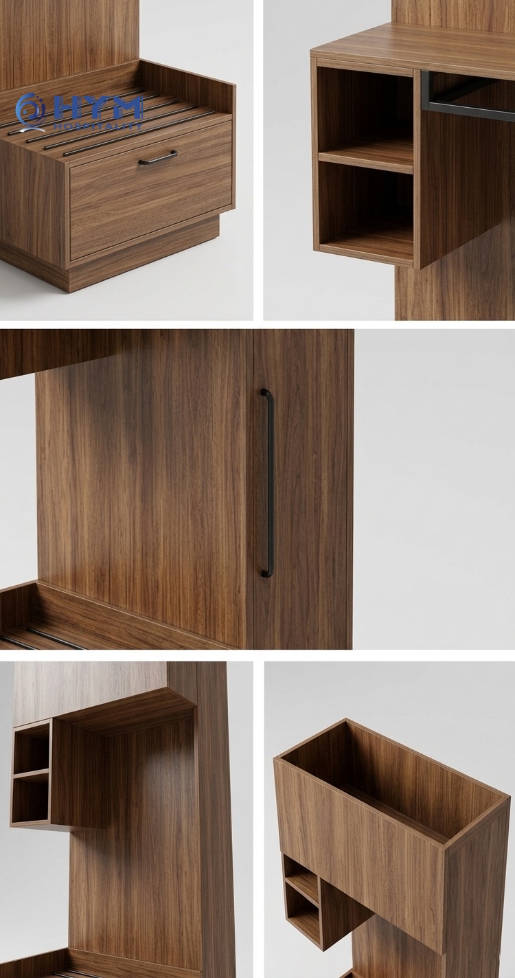 Close-up of hotel guestroom closet featuring integrated heavy-duty luggage bench with scratch-resistant surface.