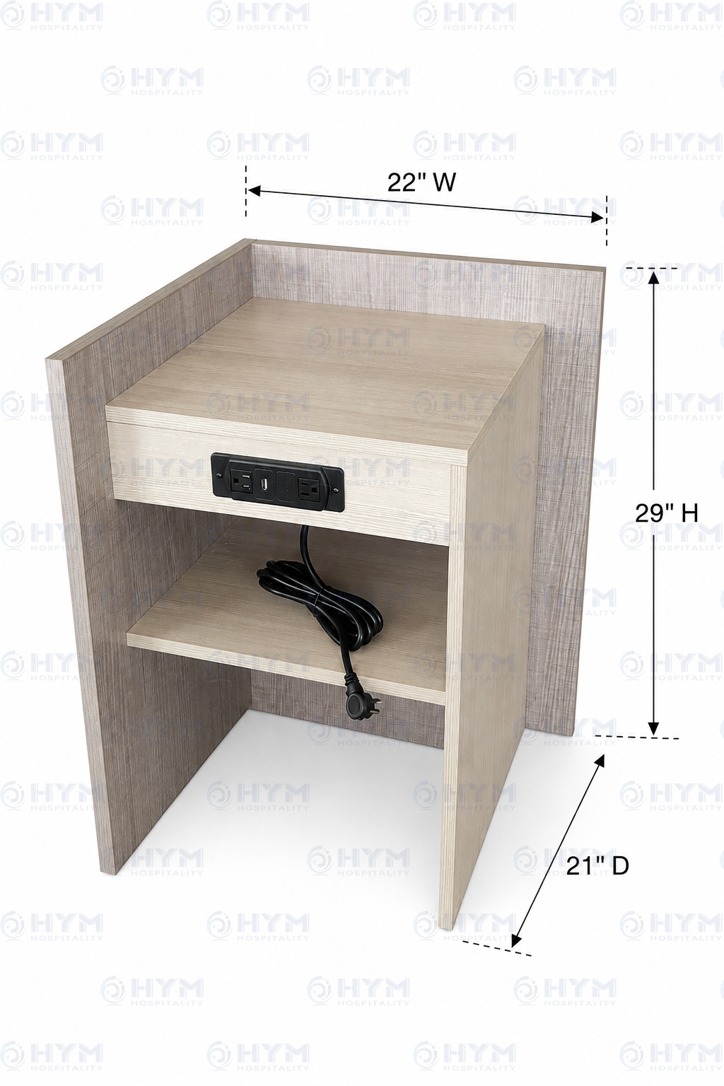 GR-323 Nightstand @ Left dimensions (22W x 29H x 21D) with L-shaped gallery panel for Home2 by Hilton guest rooms.