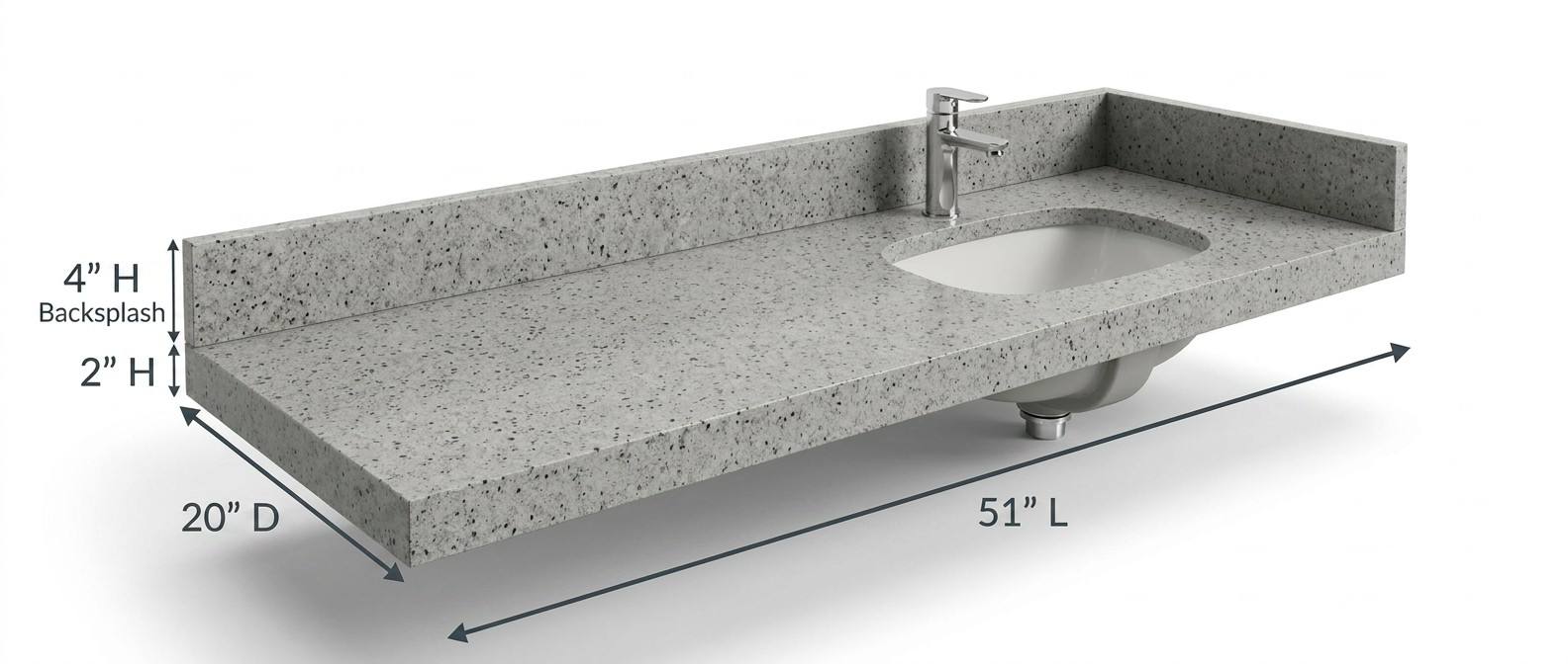 51 inch grey quartz vanity top showing 20 inch depth, 2 inch thickness and 4 inch backsplash dimensions