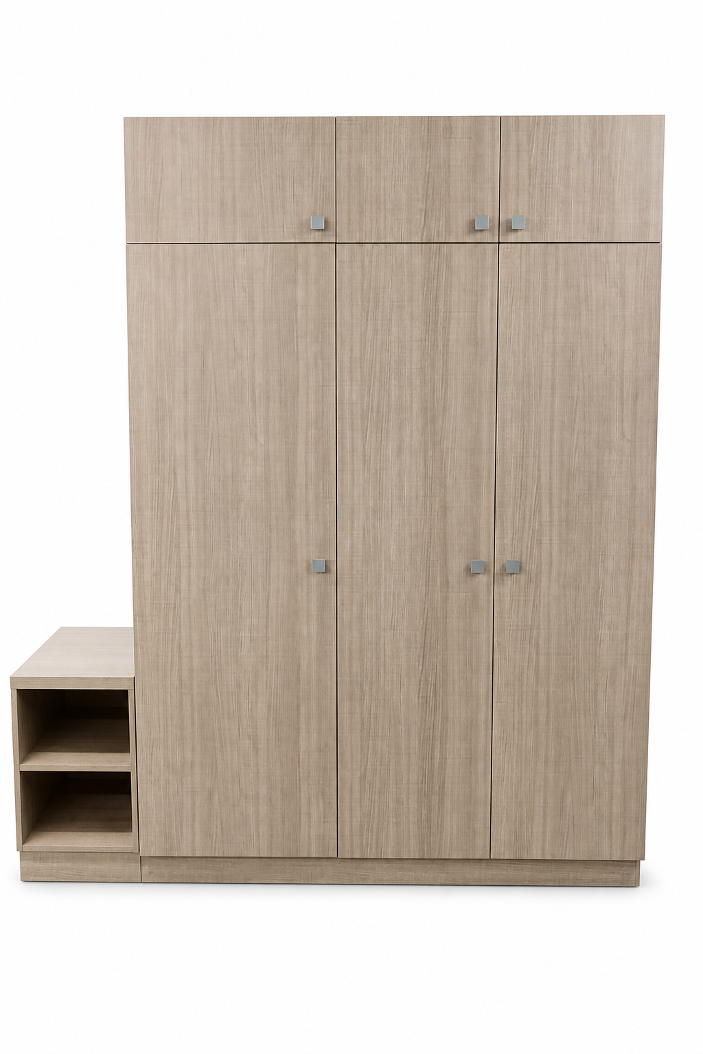 Closed exterior view of the Homewood Suites GR-323 hotel armoire featuring a durable light wood grain finish and modern satin nickel handles.