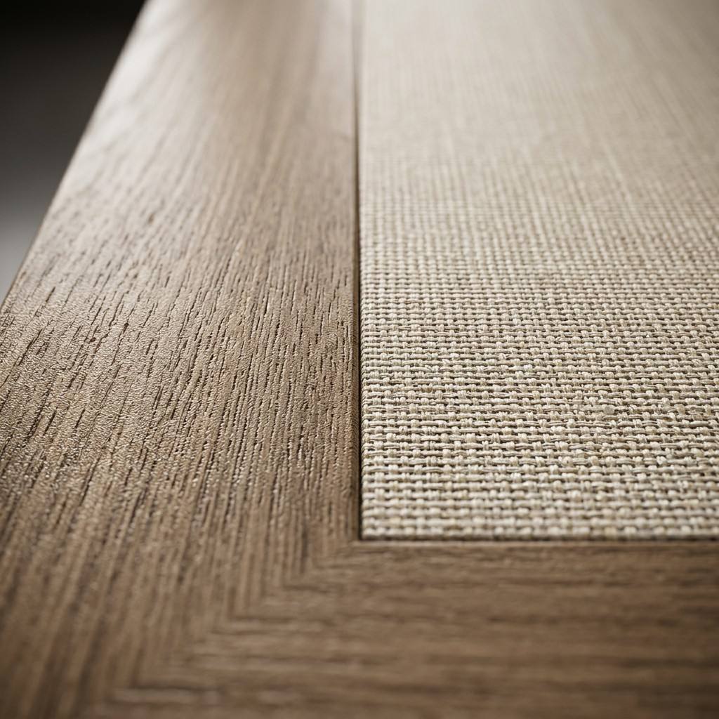 Macro close-up of CG-224 table top showing the Wilsonart Palisades Oak grain and beige fabric-look laminate inlay.