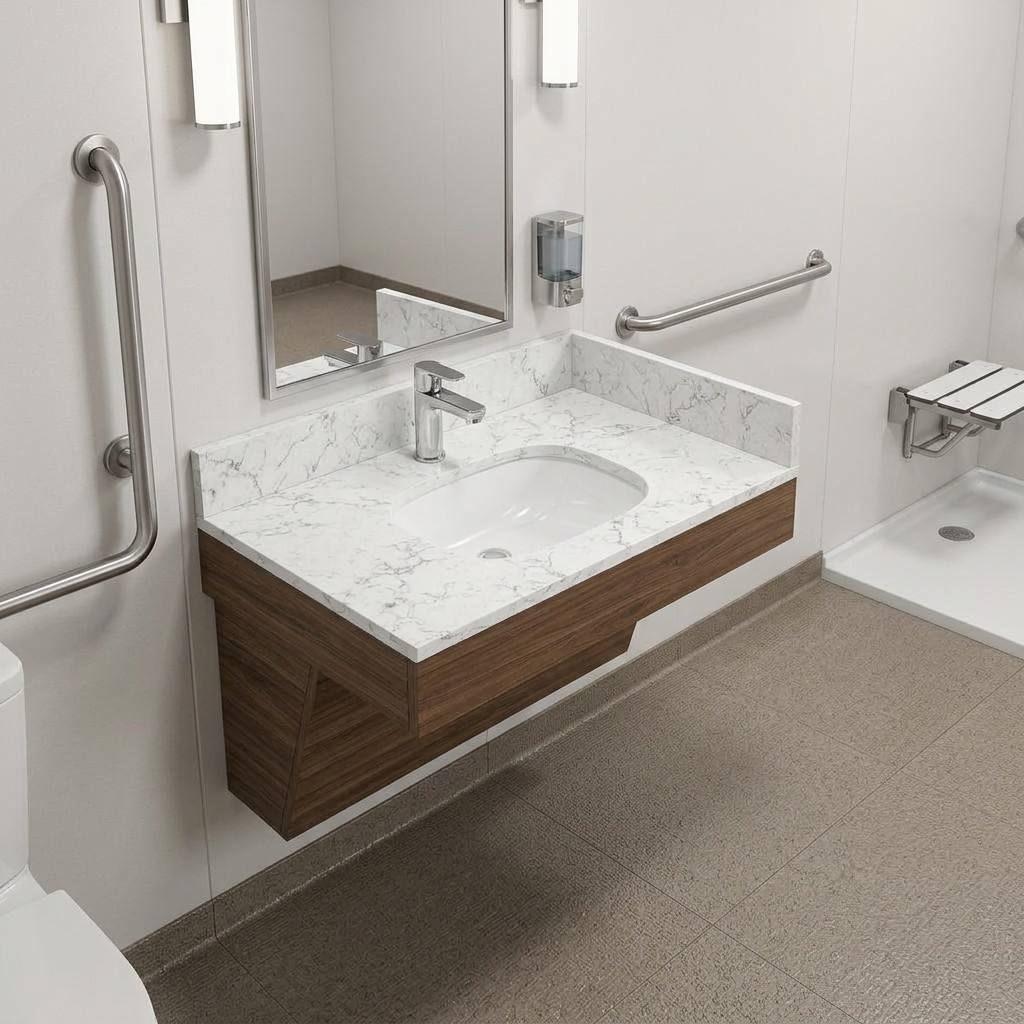 ADA compliant hotel guestroom bathroom installation with CG-255 vanity top featuring grab bars and wheelchair access.