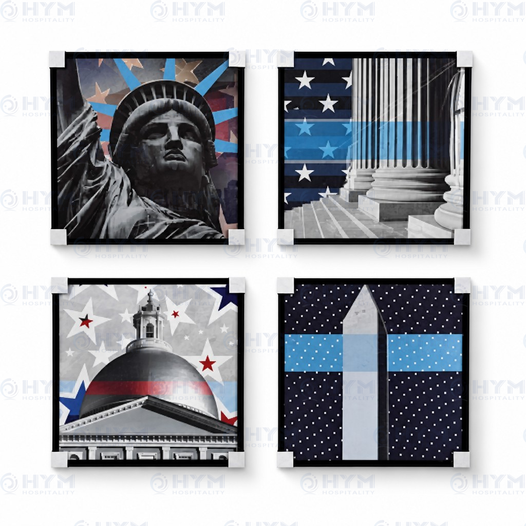 Set of 4 patriotic American-themed framed wall art for AmericInn guestrooms, featuring the Statue of Liberty and landmarks.