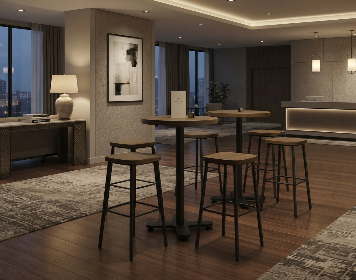 Functional hotel Great Room layout showcasing multiple PA-308 side tables used as convenient guestroom workstations and networking spots.