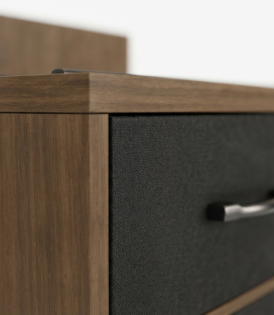 Texture detail of Wilsonart Palisades Oak finish on institutional-grade hotel casegoods, showing seamless joint construction and precise grain alignment.