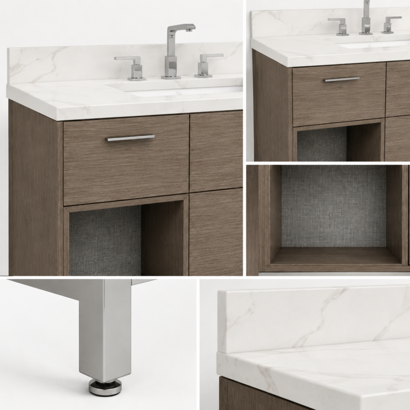 Close-up engineering details of a hospitality-grade vanity unit, featuring an under-mount sink, 4-inch backsplash, soft-closing drawer with metal pull, and adjustable leveling glides for onsite installation.