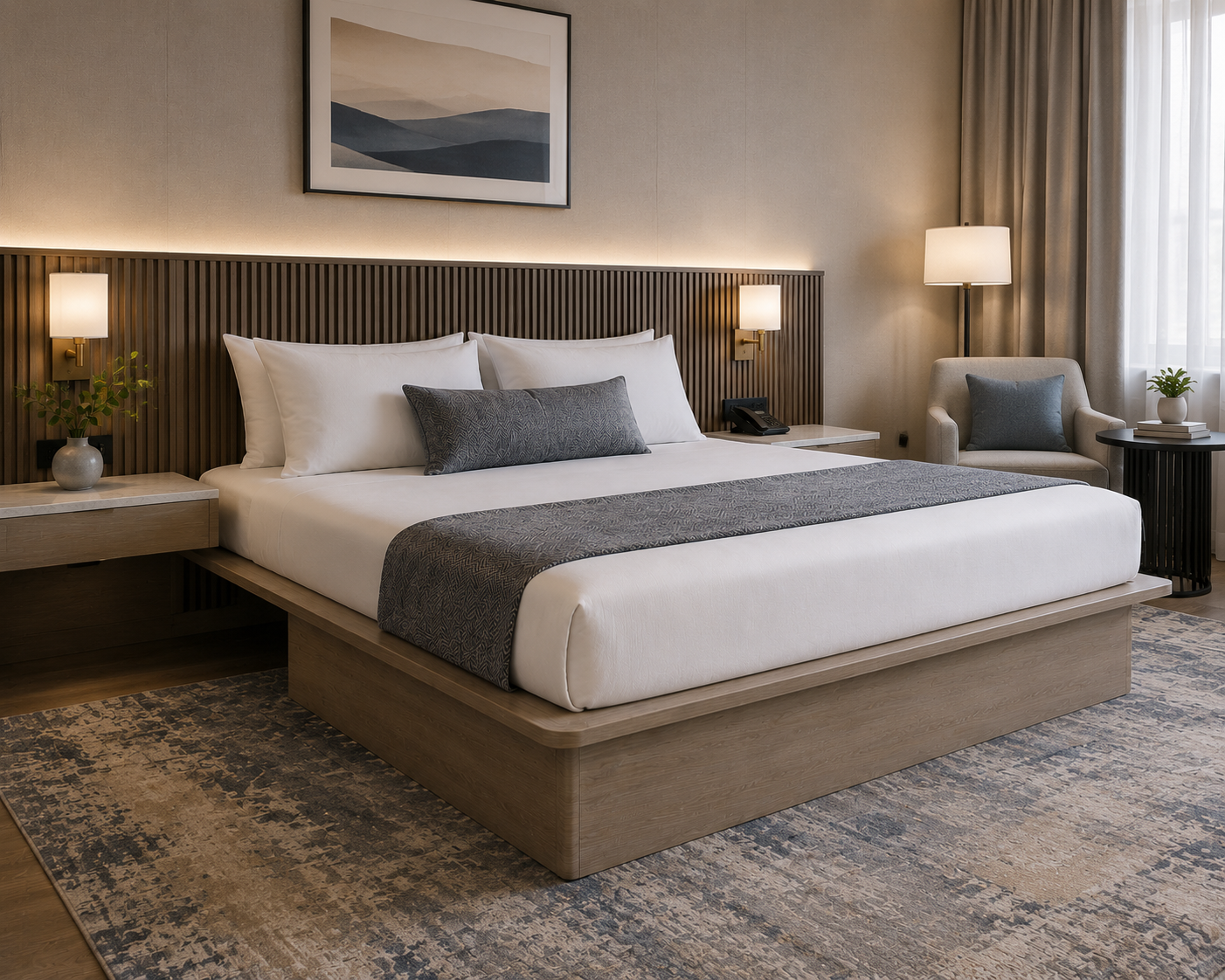Complete Hilton-standard furniture package featuring a recessed floating bed base and slatted wood-grain headboard for property modernization.