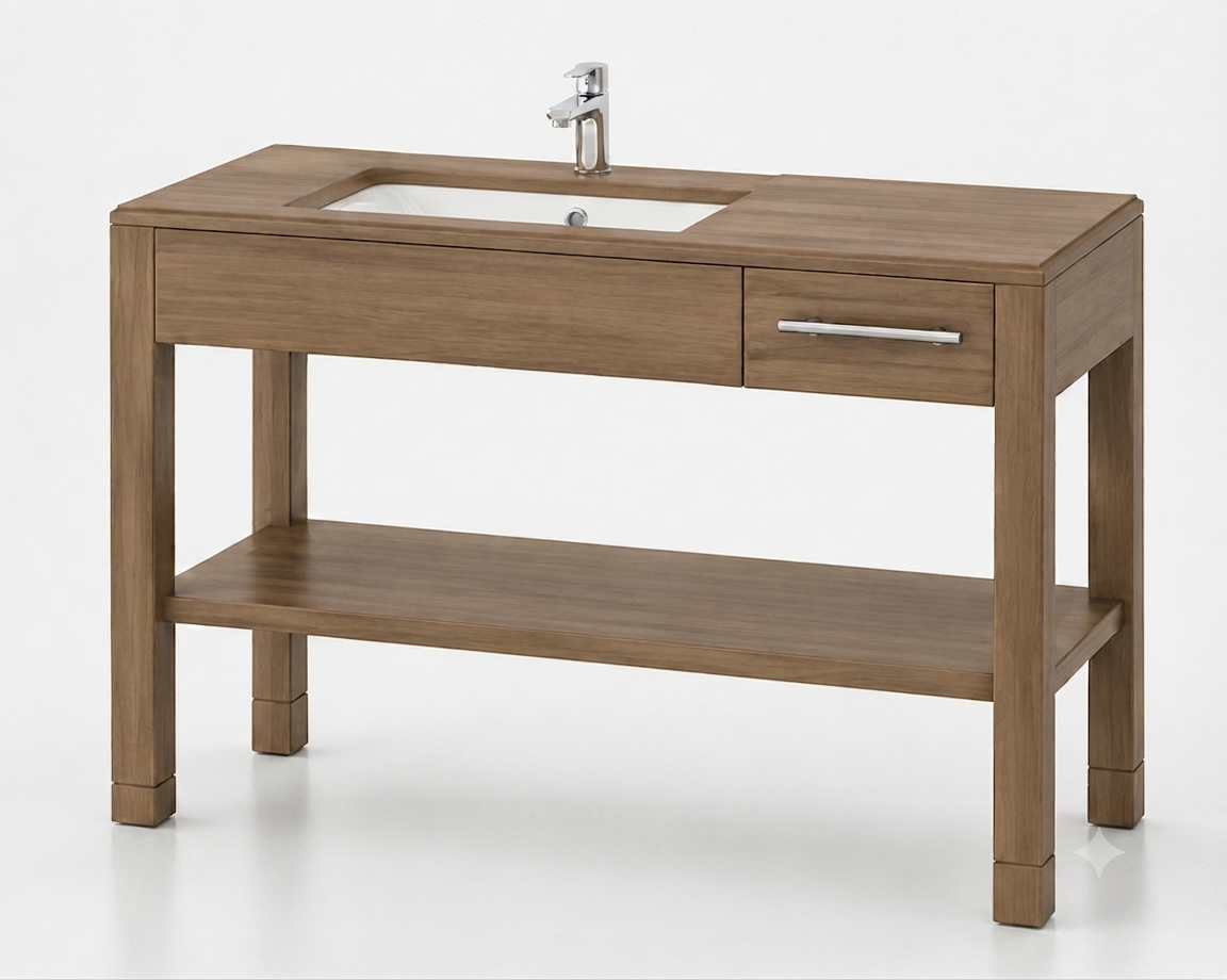 Pre-milled hotel vanity console with an integrated sink cutout and Amerock brushed stainless steel hardware for quick onsite install.