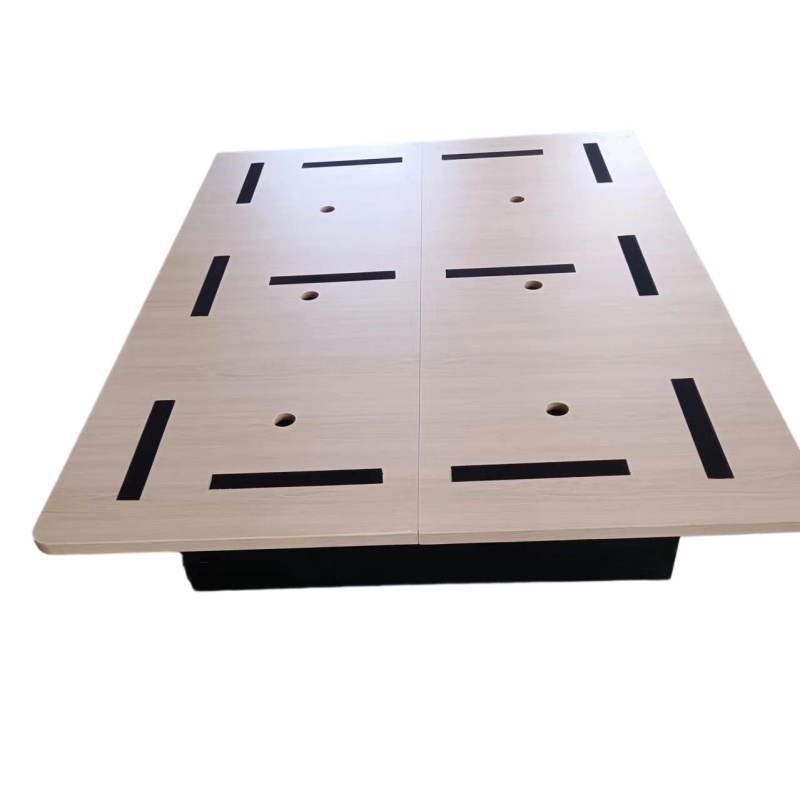 Hilton brand-compliant GR-303 King platform bed base for Homewood Suites, featuring Wilsonart Park Elm finish and integrated non-skid mattress strips.