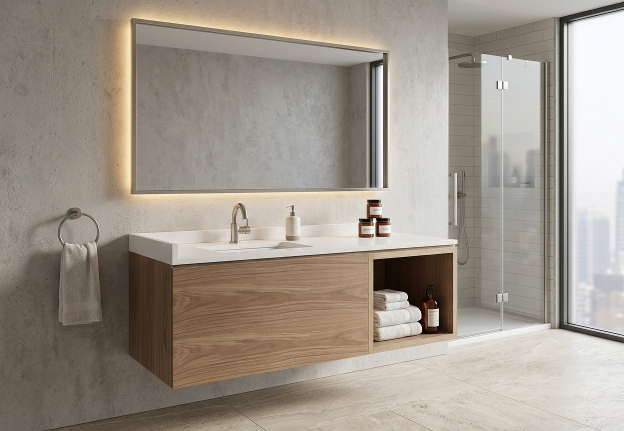 Bright hospitality bathroom suite showcasing a Staybridge Suites compliant floating vanity cabinet and large rectangular vanity mirror for PIP renovations.