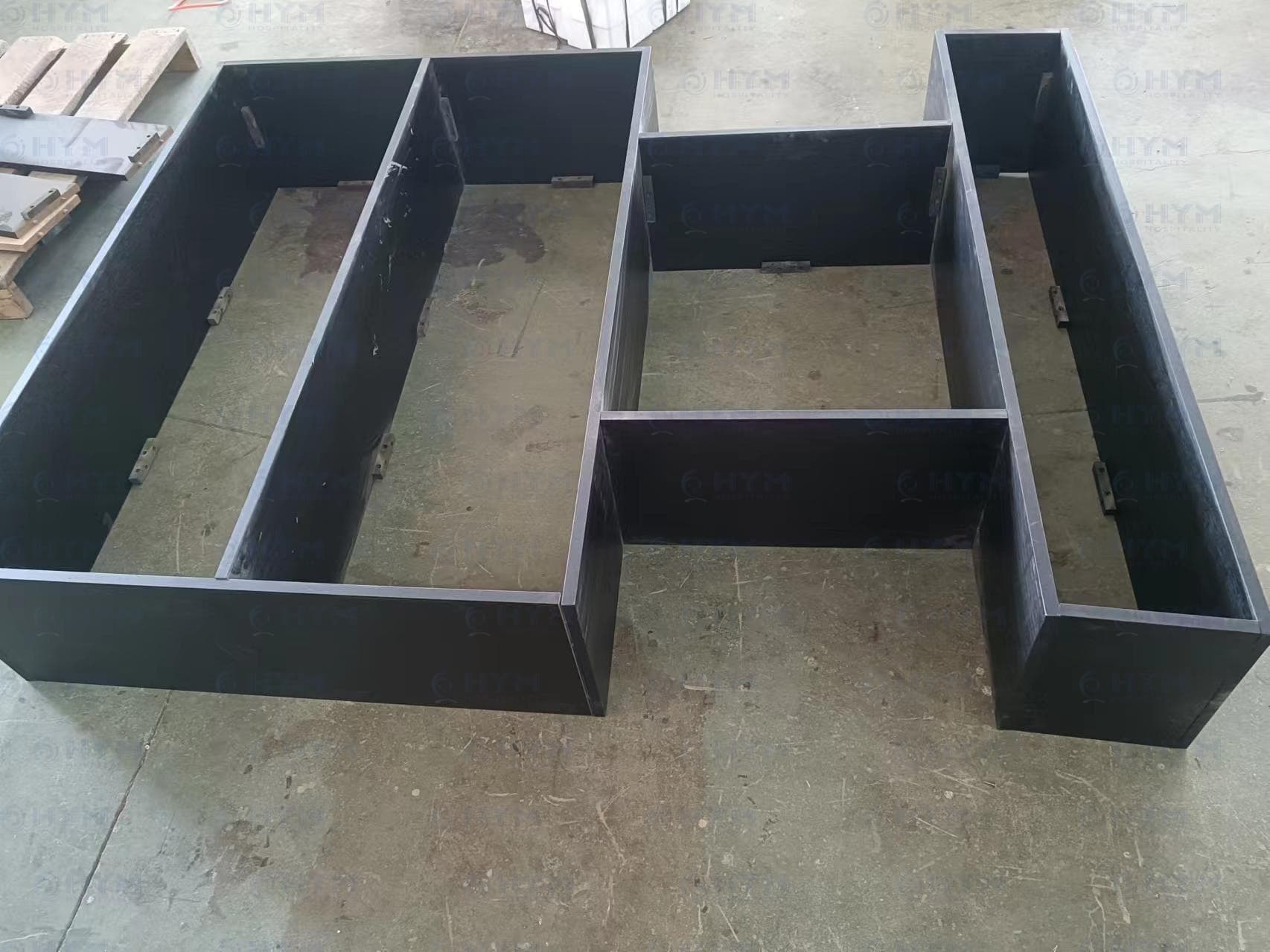 Reinforced internal support frame for a Marriott-standard Fairfield Inn & Suites platform bed base, engineered for institutional-grade durability and structural silence in high-traffic hotel environments.