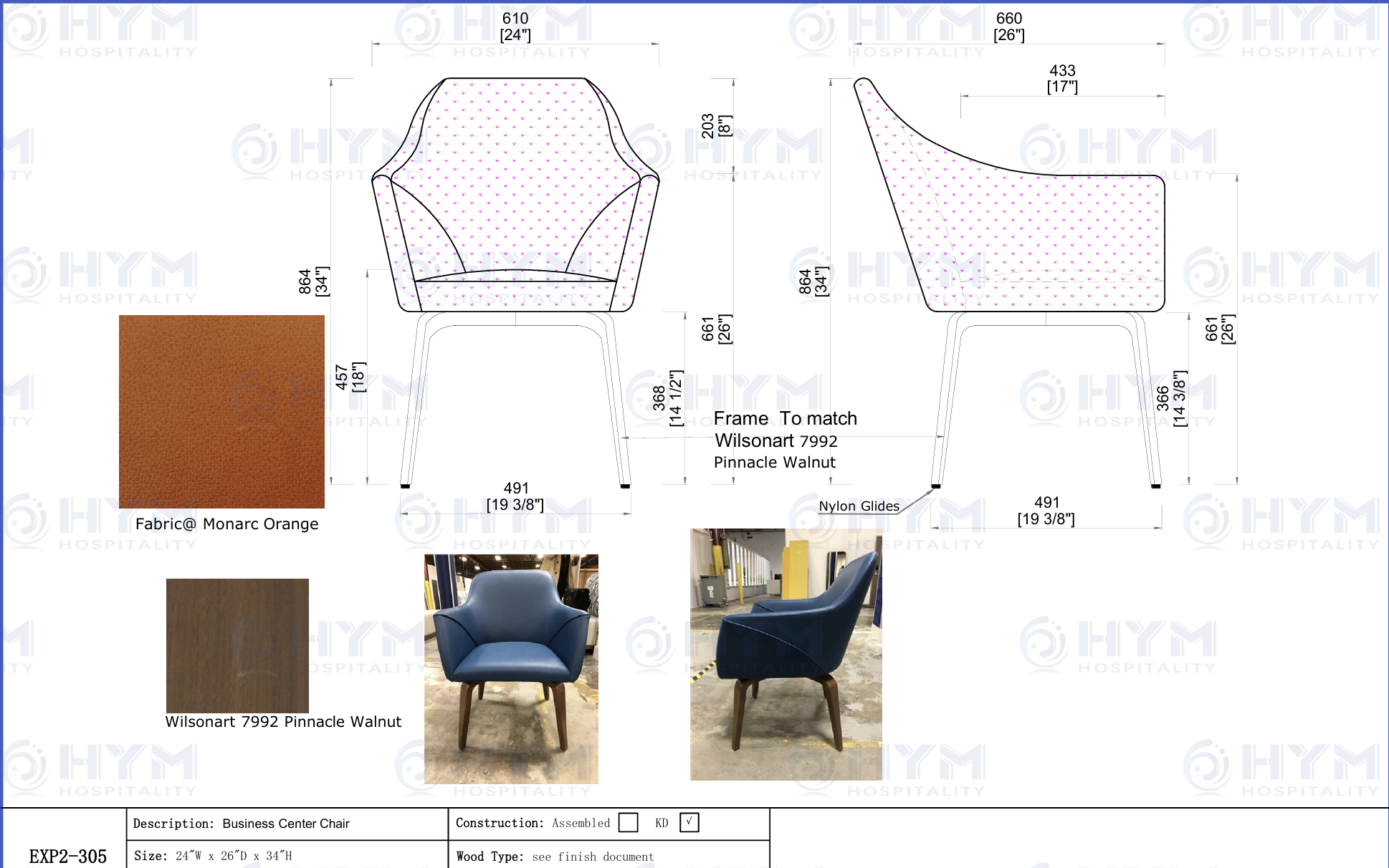Technical shop drawing of EXP2-305 Business Center Chair for Holiday Inn Express, featuring 24"W x 26"D x 34"H dimensions, Wilsonart 7992 Pinnacle Walnut frame finish, and Monarc Orange upholstery specs.