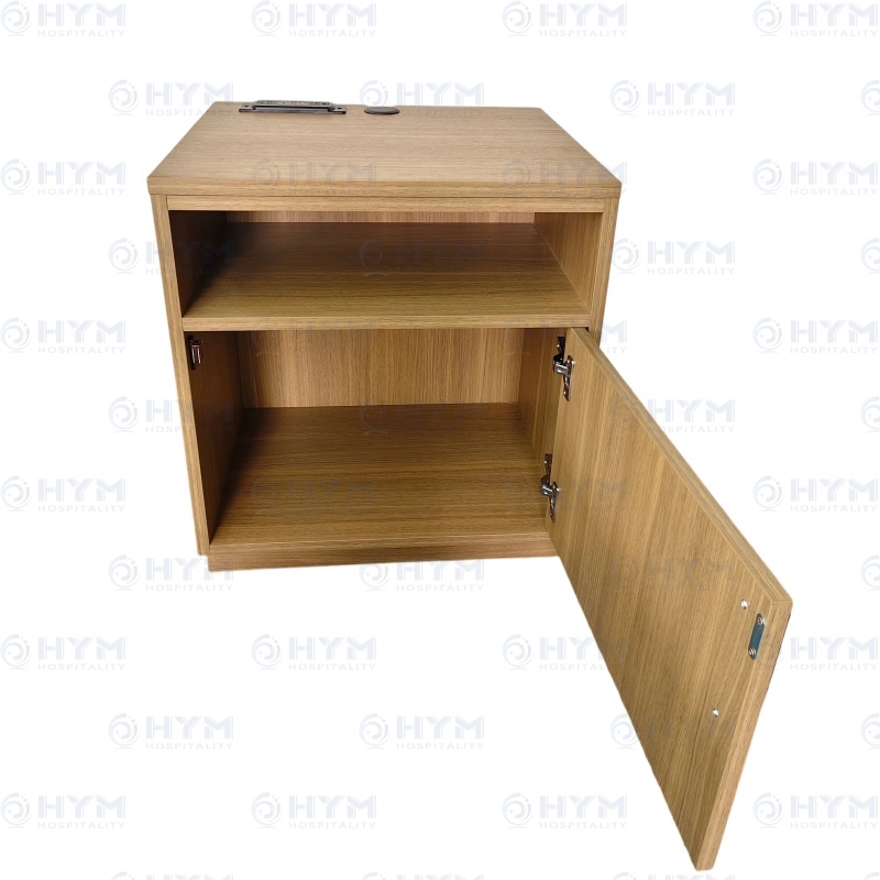 Factory-direct GR-303 King nightstand for Hampton by Hilton, featuring an open door with soft-close European hinges and finished internal shelving.
