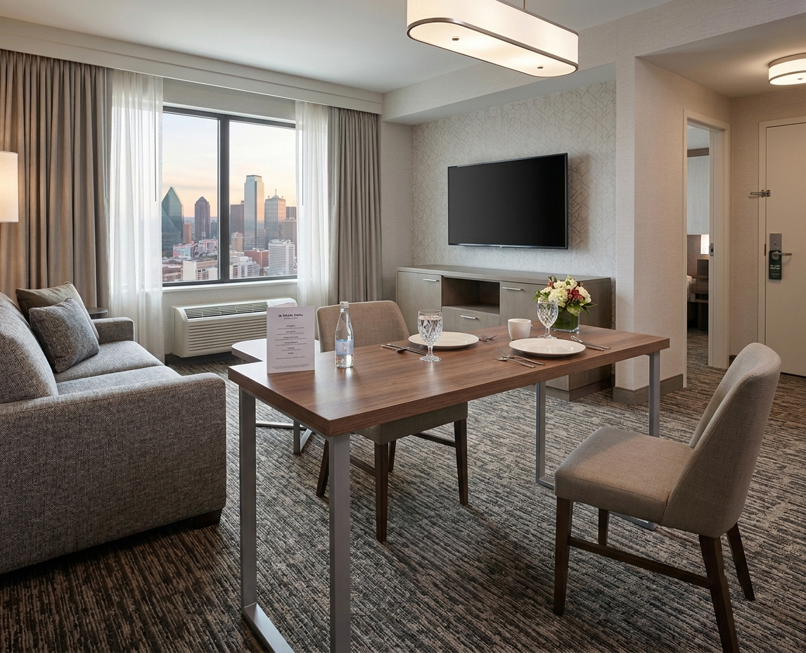 IHG Formula Blue guestroom interior featuring a coordinated ADA dining table and lounge seating for a turnkey FF&E solution.