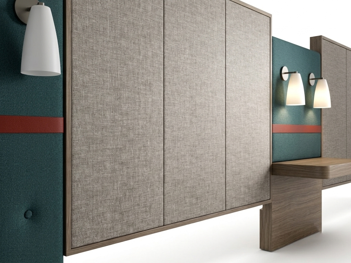 IHG brand-compliant ADA Double Queen headboard for Avid Hotels, featuring the signature red accent stripe, vinyl-wrapped panels, and upholstered side sections.