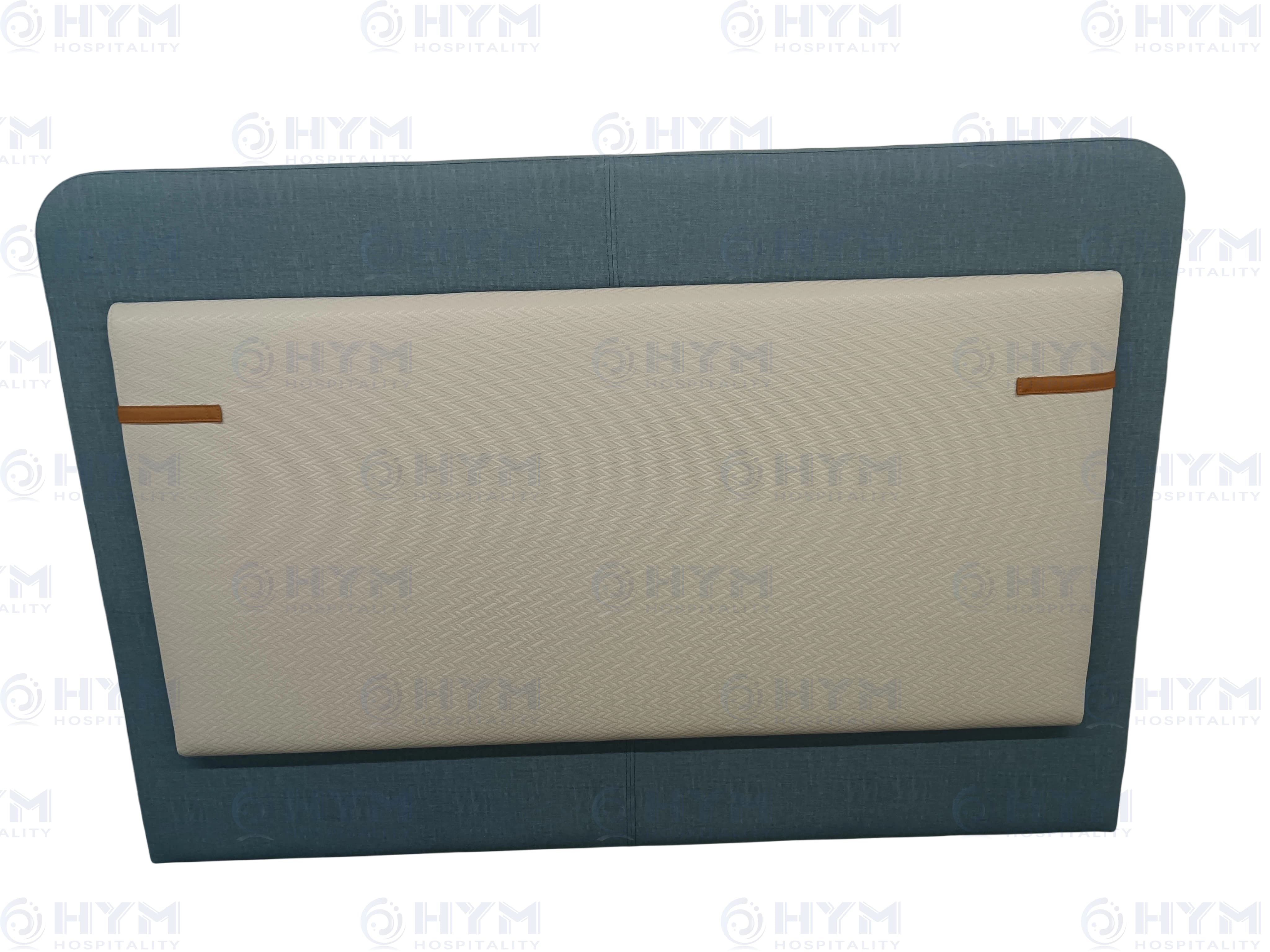 Front view of a double-stacked King headboard for Homewood Suites featuring a fully upholstered back panel and front panel with decorative straps and X-stitch detail.