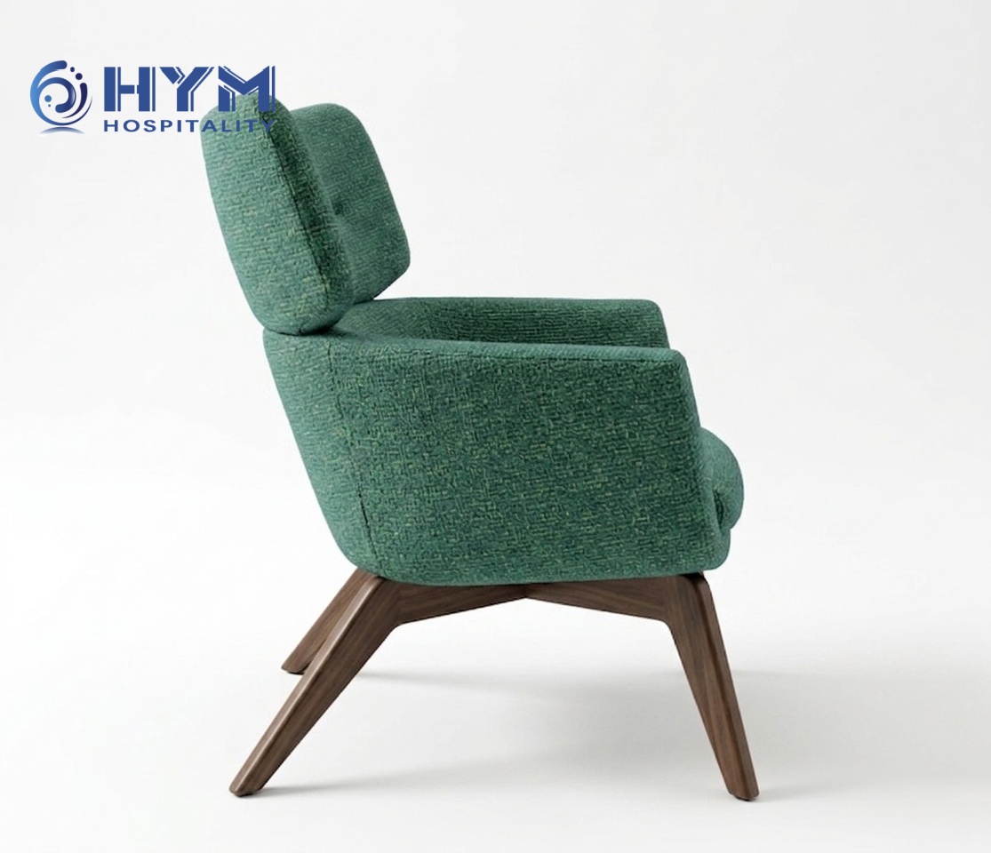 side view of the PA-107 hospitality lounge chair, highlighting the solid hardwood structure and ergonomic profile.