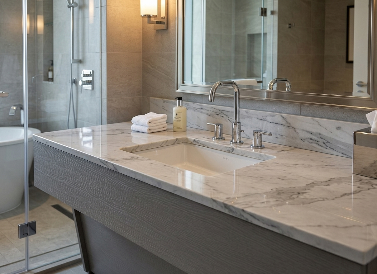 Institutional-grade 48-inch wall-mounted vanity unit for hospitality guestrooms, engineered with reinforced backside attachment and a contemporary grey wood-grain finish.