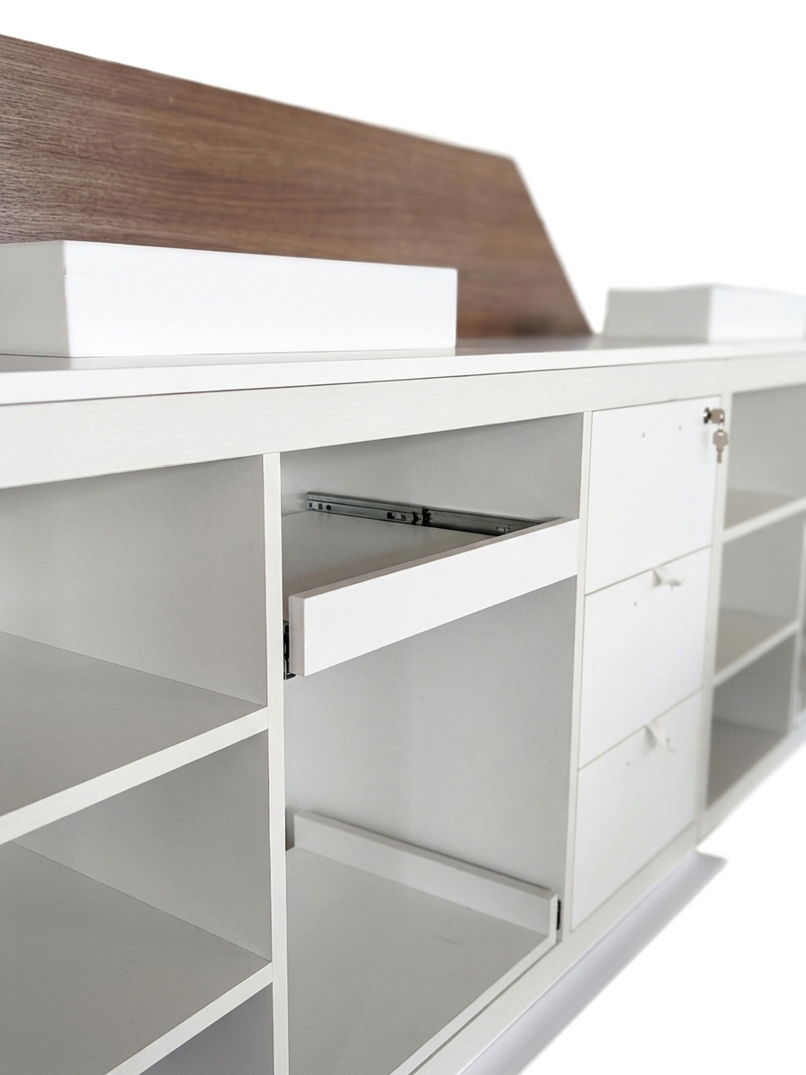Close-up of heavy-duty ball-bearing drawer glides and security locks on an IHG standard reception desk unit.
