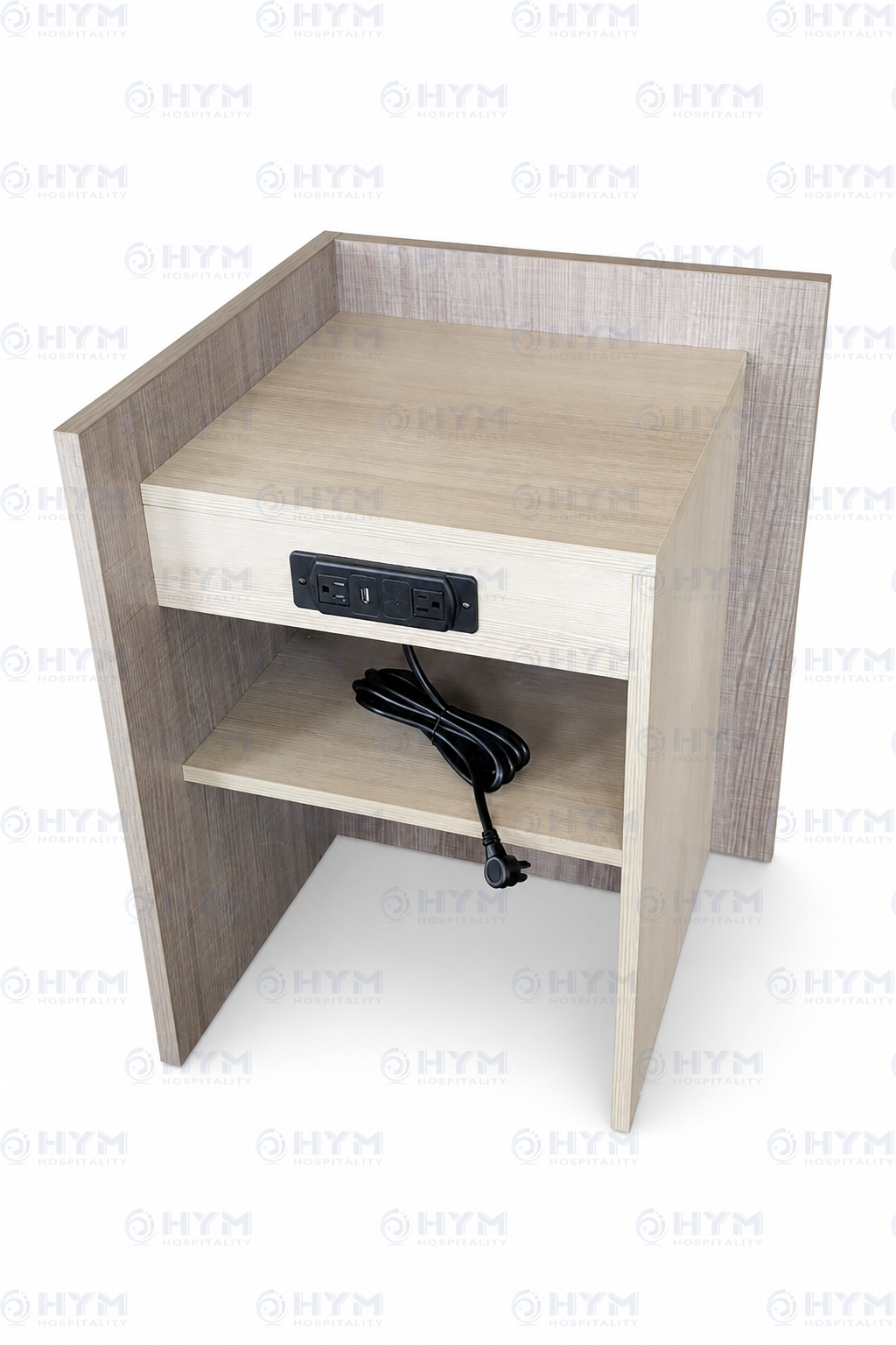 Factory photo of GR-323 Nightstand Left with open shelf storage for Home2 by Hilton, showing easy-access space for books and personal items.