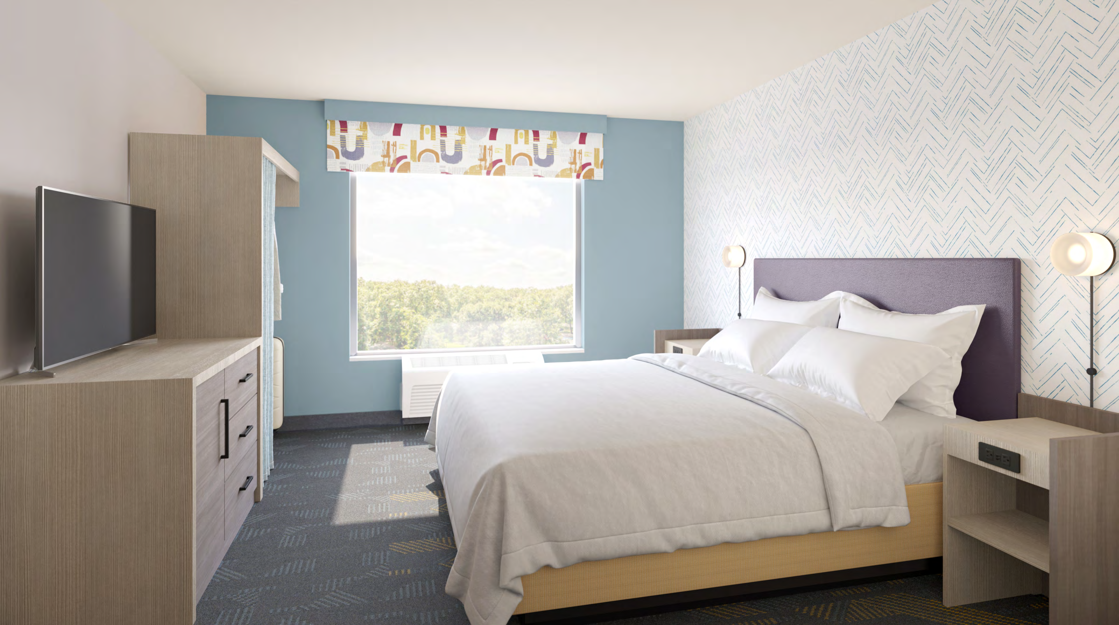 GR-323 nightstand in a Home2 by Hilton guest room setting, showcasing modern hospitality furniture for extended-stay hotels and boutique guest houses.