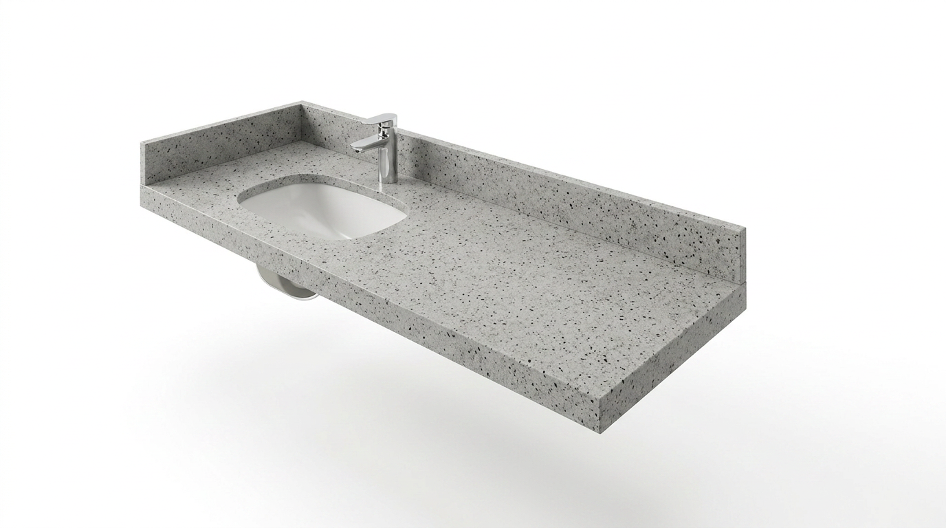 Custom grey quartz vanity top for studio vanity bases with undermount sink, backsplash and speckled stone surface