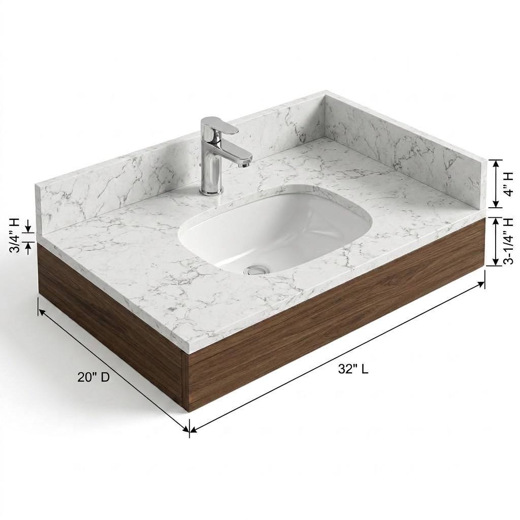 Isometric view of CG-255 bathroom vanity top with dimensions 32" L x 20" D, 4" backsplash, and 3-1/4" apron.