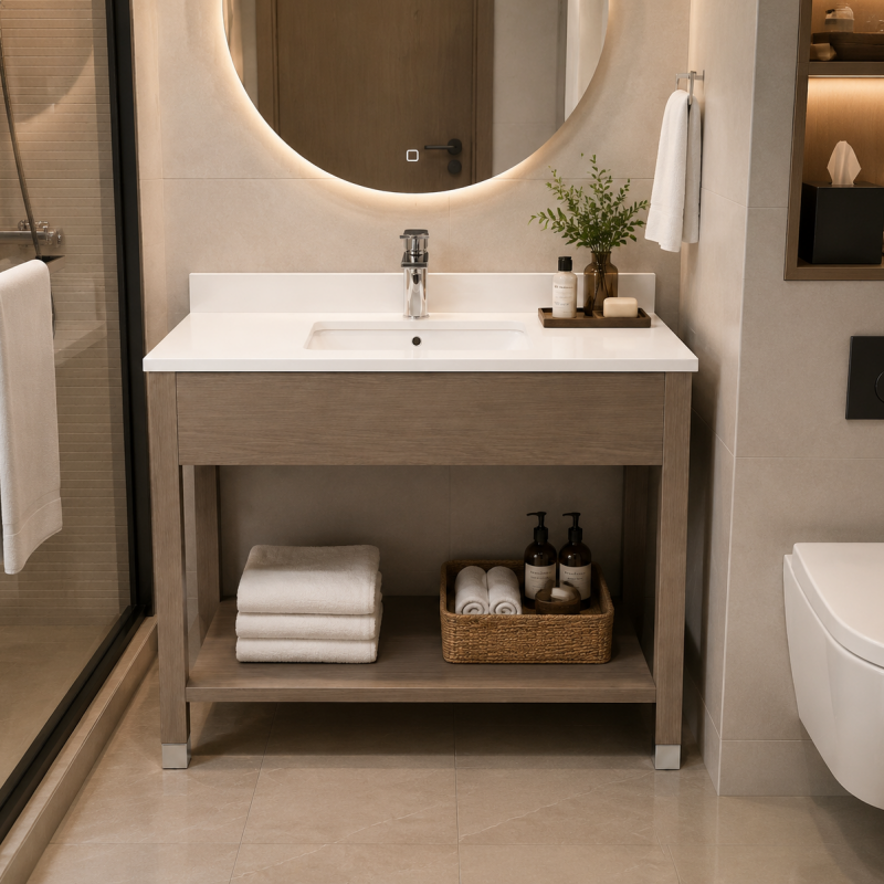 Standard hotel bathroom interior for Ramada by Wyndham featuring the GR-313 vanity with an integrated towel shelf, white quartz top, and circular backlit LED mirror.