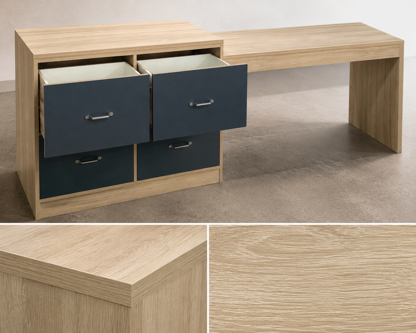 Technical view of English dovetail plywood drawer boxes and Wilsonart wood-grain texture for high-traffic hotel casegoods.