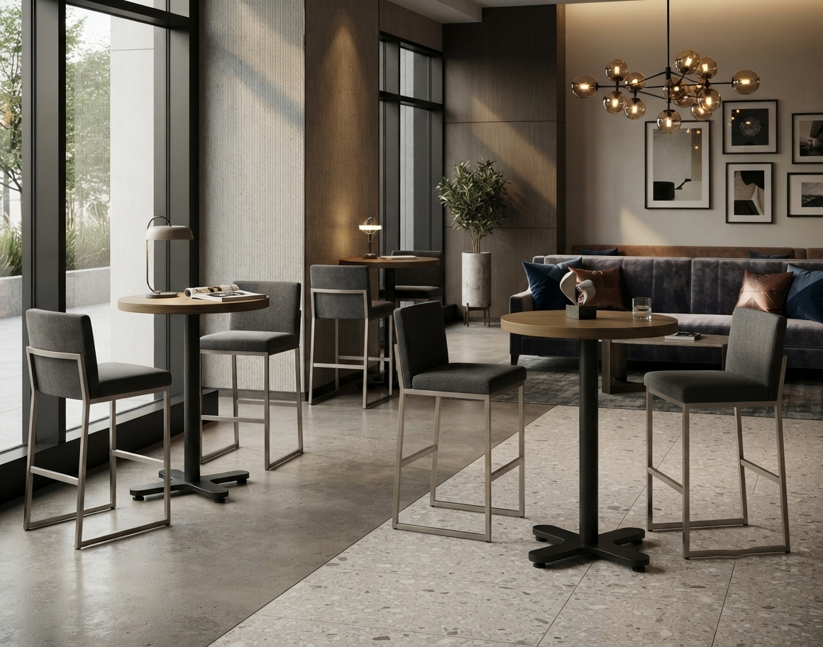 Modern hotel cafe environment featuring PA-308 flex seating accent tables integrated with high-traffic bar seating for a social hub.