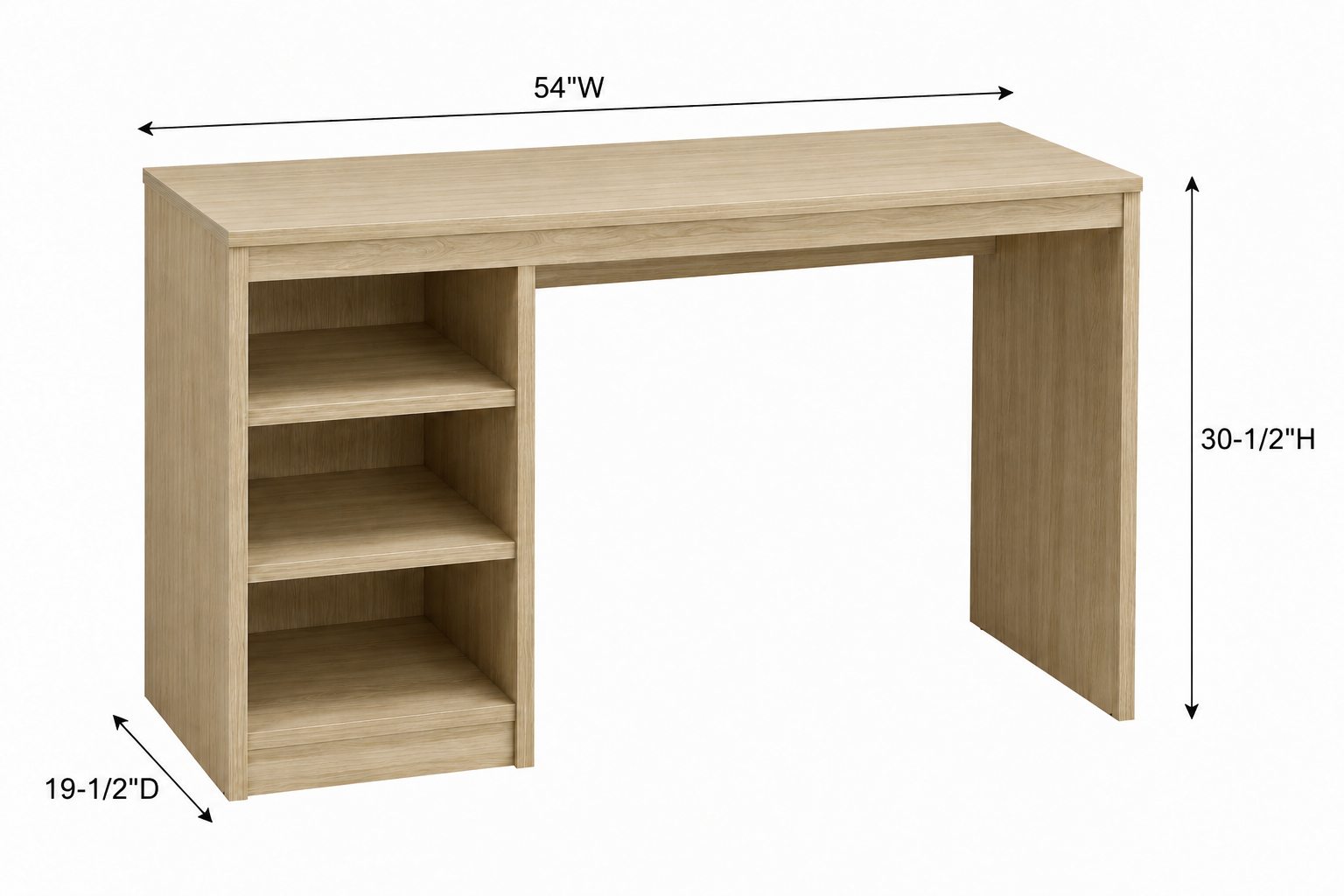 Technical dimensional view of 54W x 19.5D x 30.5H inch hotel desk for Studio Units, engineered for precision FF&E integration.