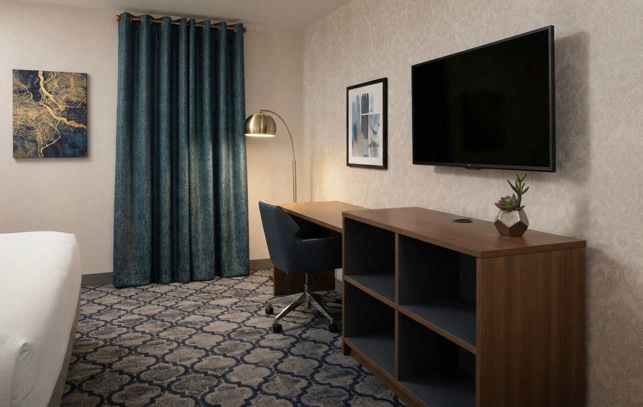 Integrated hotel workstation and TV panel layout for IHG brand standards, showcasing seamless cable management and HPL durability.
