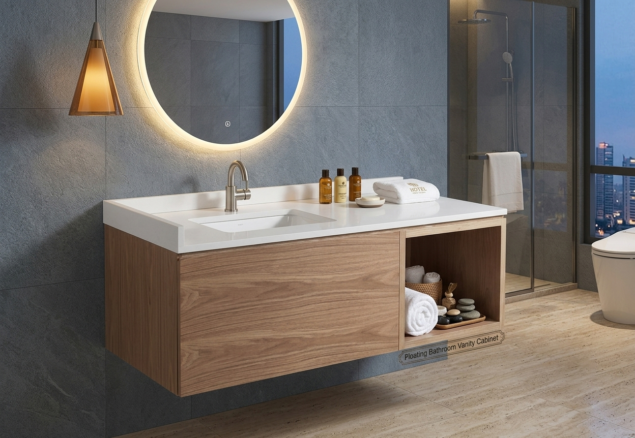 Detailed view of a wall-mounted hotel vanity for Staybridge Suites, highlighting the durable open shelving and moisture-resistant construction.