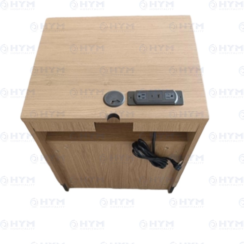 Technical view of hotel nightstand with integrated power module (USB-C/AC), 2-inch grommet, and a 6-inch toe kick notch for flush-to-wall installation.