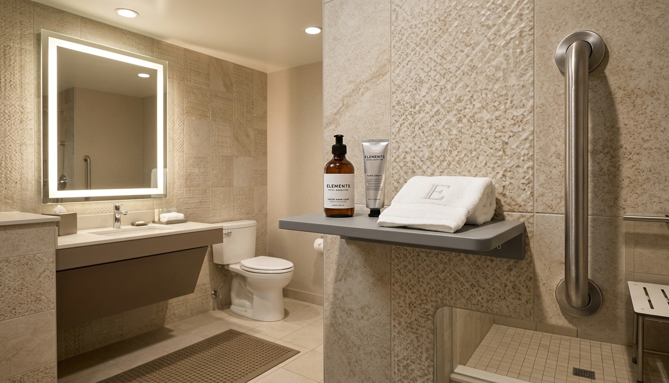 WIEFS14SN horizontal bathroom shelf in a charcoal finish for Home2 by Hilton accessible suites, shown with integrated ADA grab bars.