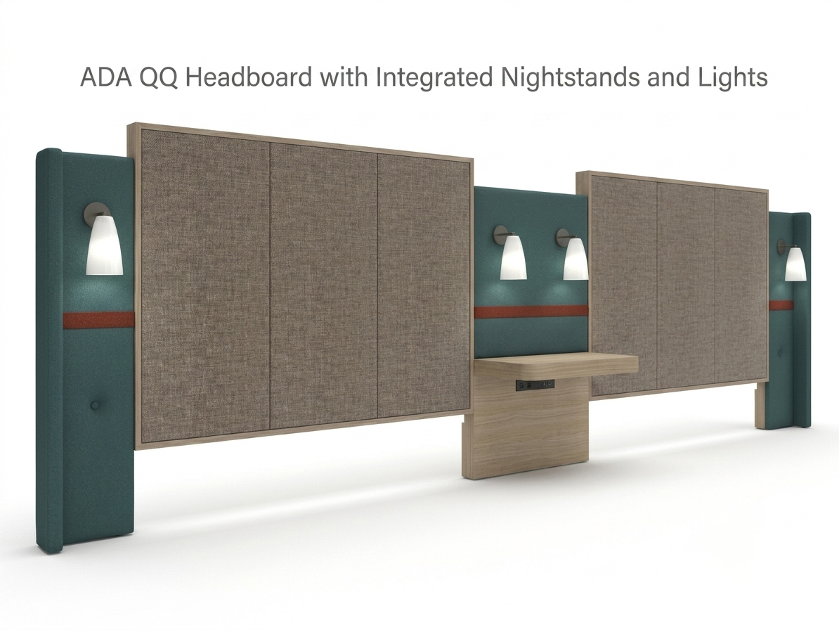 Perspective view of an institutional-grade ADA QQ headboard with integrated floating nightstand, pre-fitted for CubieMod power and sconce lighting, tailored for Holiday Inn Express projects.