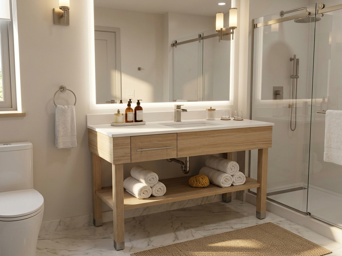 Modern Staybridge Suites bathroom interior featuring a brand-compliant floating vanity and a backlit LED mirror for PIP renovations.