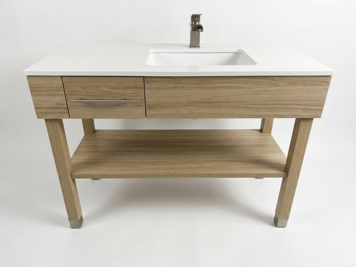 Fully assembled CG-215 vanity unit for Candlewood Suites featuring a white quartz countertop and integrated rectangular sink.