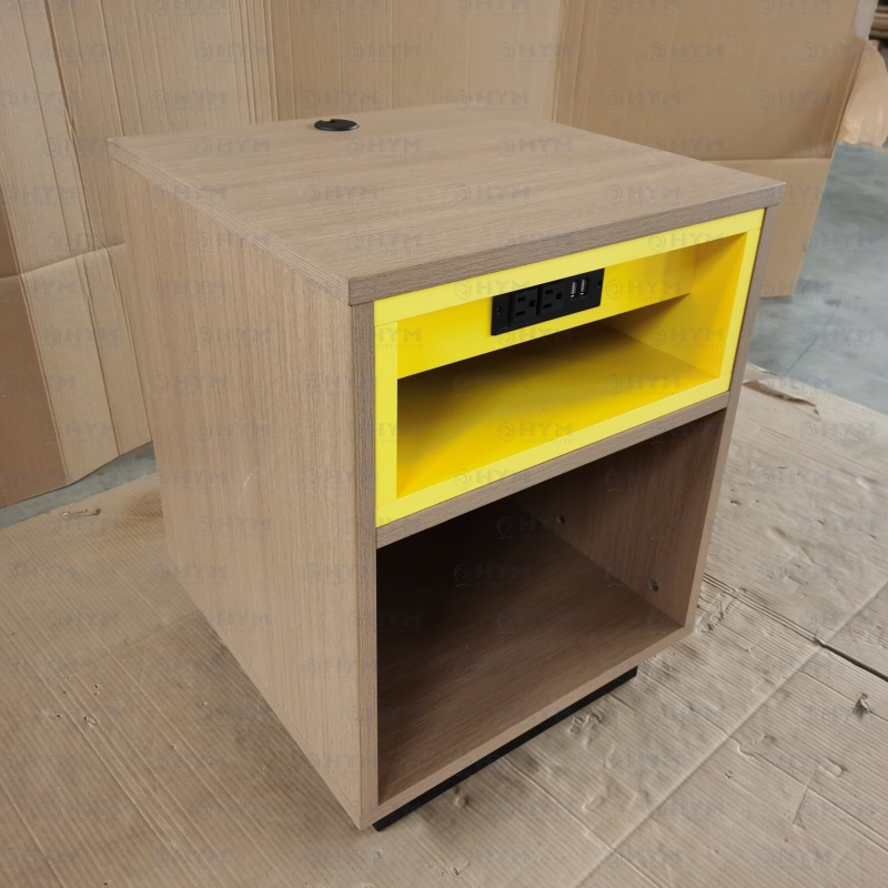 Institutional-grade hotel nightstand with top-mounted UL-listed power module (Type-C, USB, and AC outlets) for hospitality PIP projects.