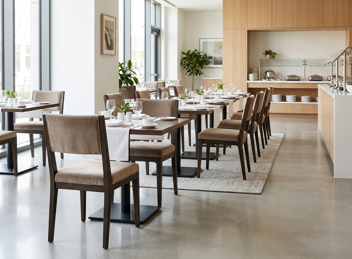 Integrated Great Room seating layout in a Holiday Inn Express featuring coordinated armless dining chairs for a turnkey FF&E solution.