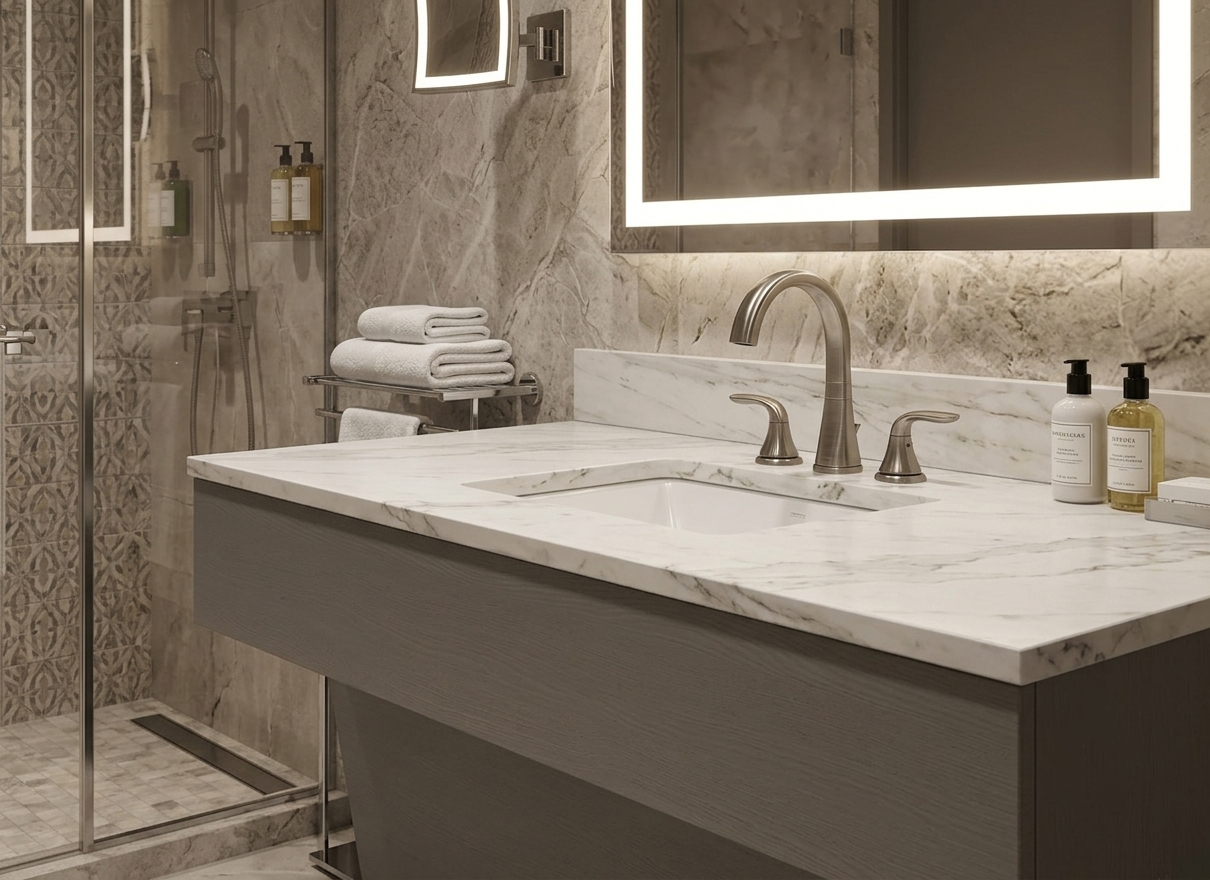 Modern Hilton-standard vanity collection with a non-porous engineered stone surface and precision-milled cabinet core, designed for high-traffic extended-stay environments.