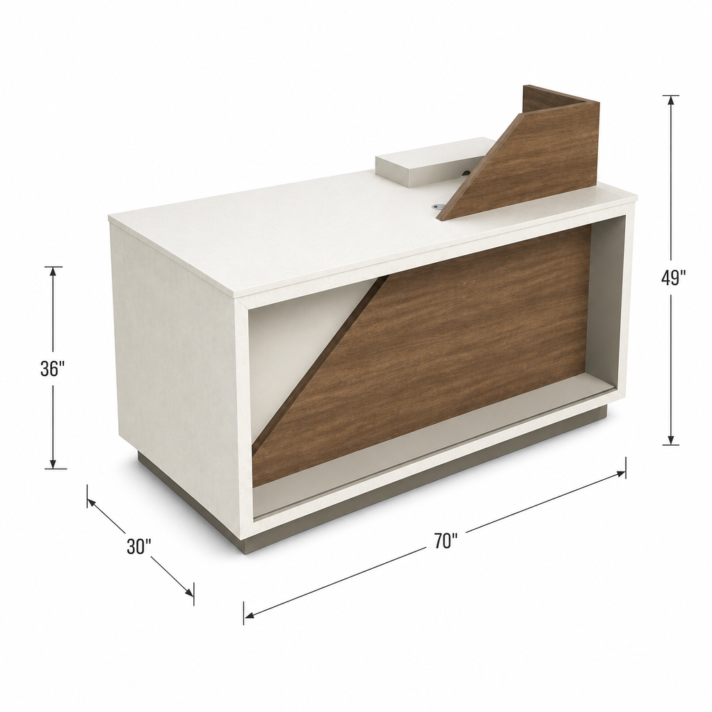Dimensions of EXP2-216 Holiday Inn Express Check-In Pod showing 70 inch width 30 inch depth and 36 inch counter height