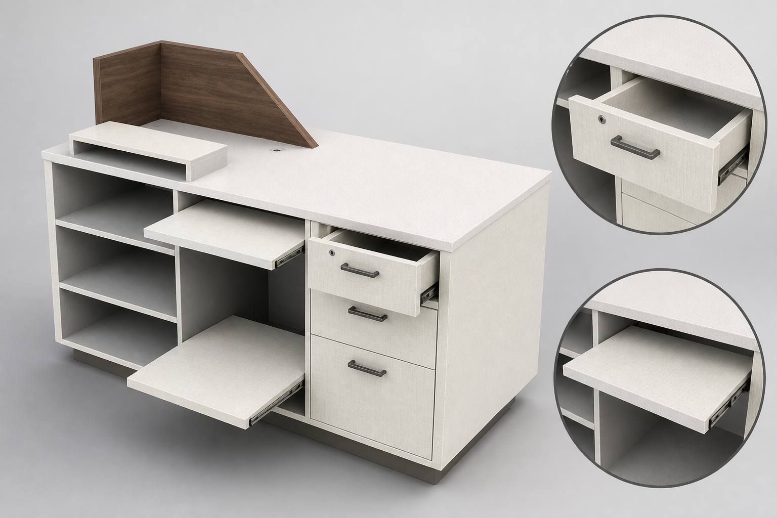 Functional details of Holiday Inn Express Check-In Pod featuring lockable drawers and roll-out keyboard tray